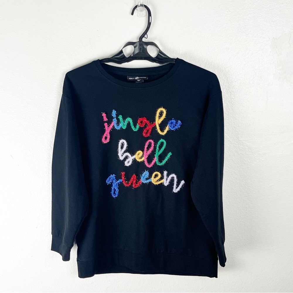 ASHLEY STEWART Black Long Sleeves Jingle Bell Queen Sweatshirt 10/12 Festive